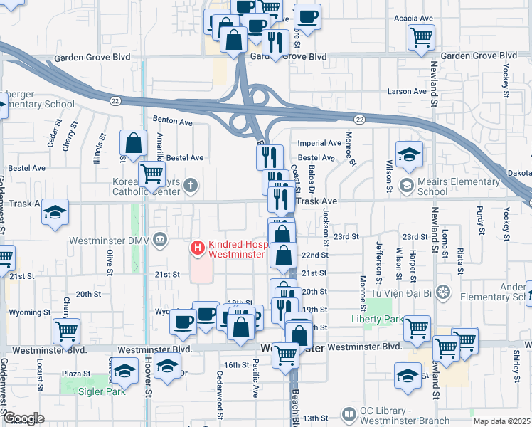map of restaurants, bars, coffee shops, grocery stores, and more near 7900 Trask Avenue in Westminster