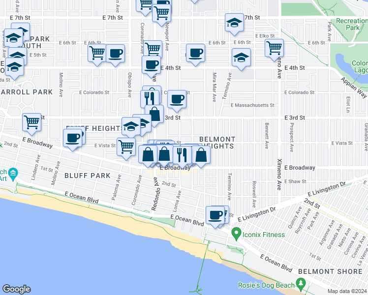 map of restaurants, bars, coffee shops, grocery stores, and more near 253 Loma Avenue in Long Beach