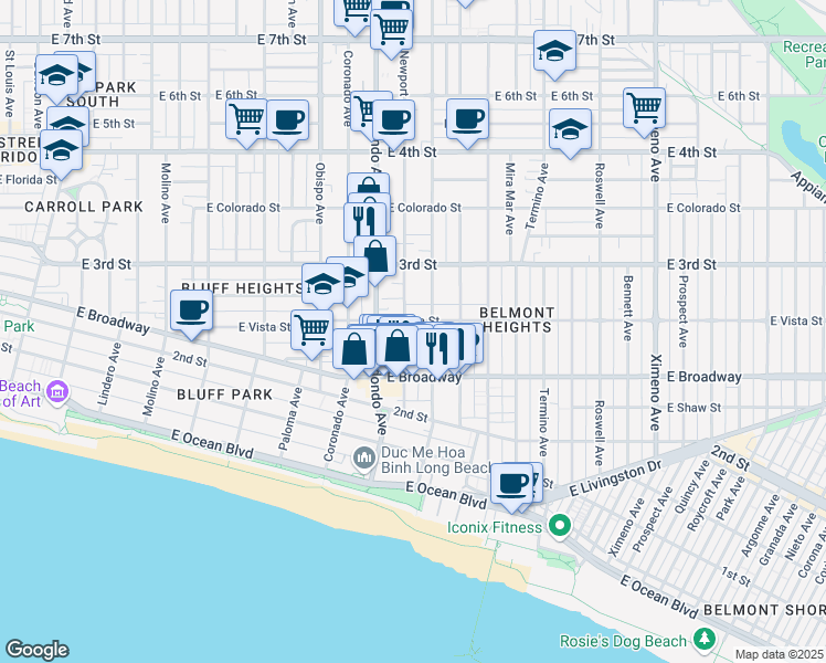 map of restaurants, bars, coffee shops, grocery stores, and more near 253 Loma Avenue in Long Beach