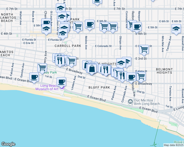 map of restaurants, bars, coffee shops, grocery stores, and more near 6 Colorado Place in Long Beach
