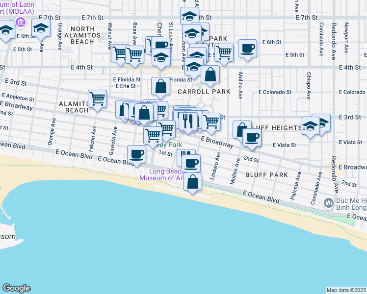 map of restaurants, bars, coffee shops, grocery stores, and more near 2117 2nd Street in Long Beach