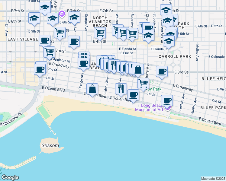 map of restaurants, bars, coffee shops, grocery stores, and more near 1521 East 1st Street in Long Beach