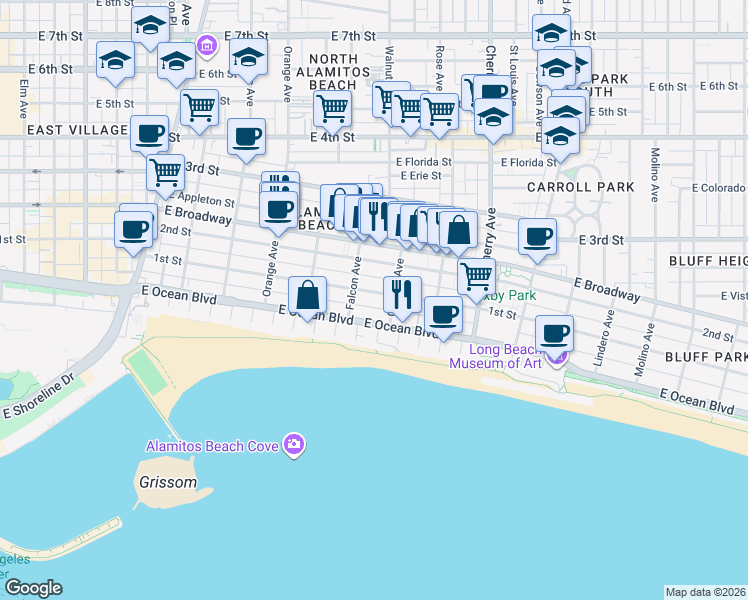 map of restaurants, bars, coffee shops, grocery stores, and more near 1521 East 1st Street in Long Beach