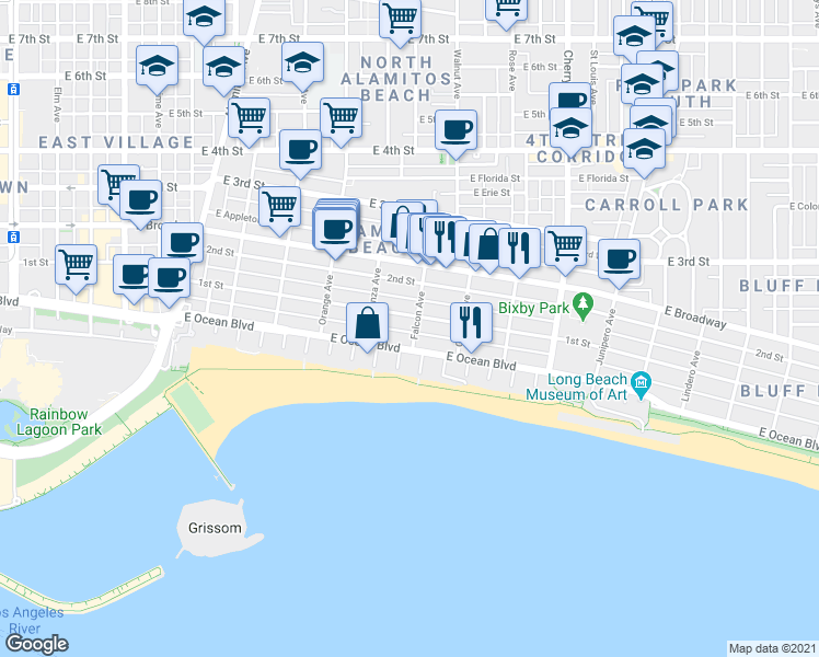 map of restaurants, bars, coffee shops, grocery stores, and more near 1328 1/2 East 1st Street in Long Beach