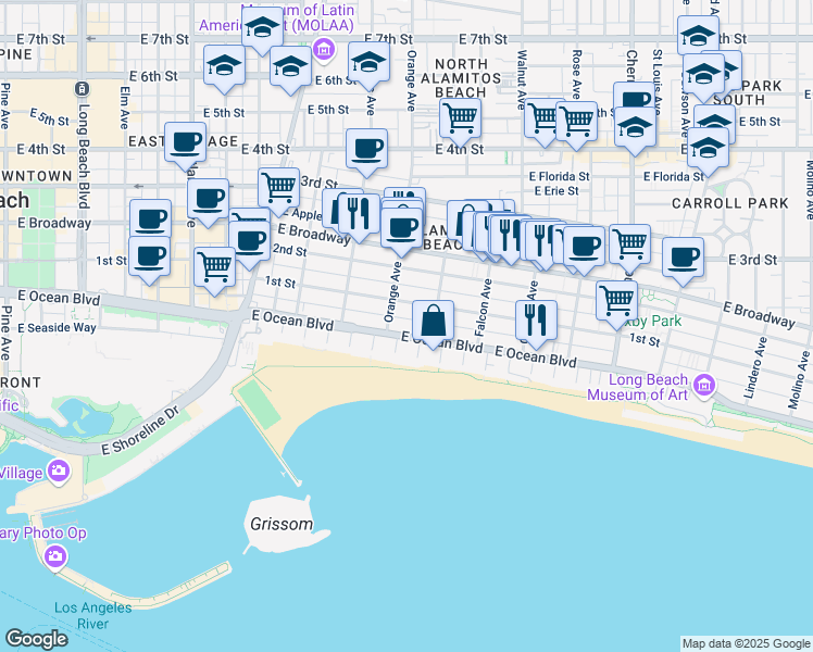 map of restaurants, bars, coffee shops, grocery stores, and more near 1250 East 1st Street in Long Beach