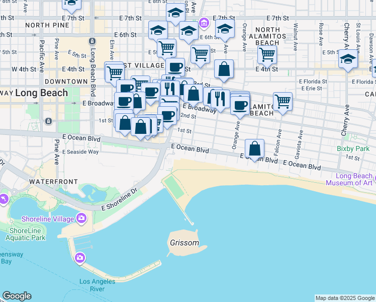 map of restaurants, bars, coffee shops, grocery stores, and more near 1007 East Ocean Boulevard in Long Beach