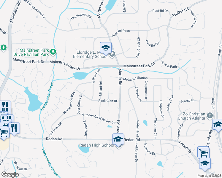map of restaurants, bars, coffee shops, grocery stores, and more near 989 North Millard Way in Stone Mountain