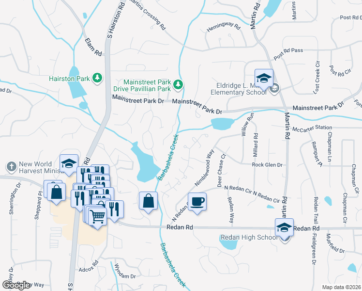 map of restaurants, bars, coffee shops, grocery stores, and more near 4905 Glenside Court in Stone Mountain