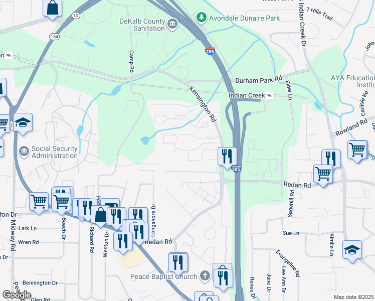 map of restaurants, bars, coffee shops, grocery stores, and more near 2715 Kenridge Parkway in Decatur