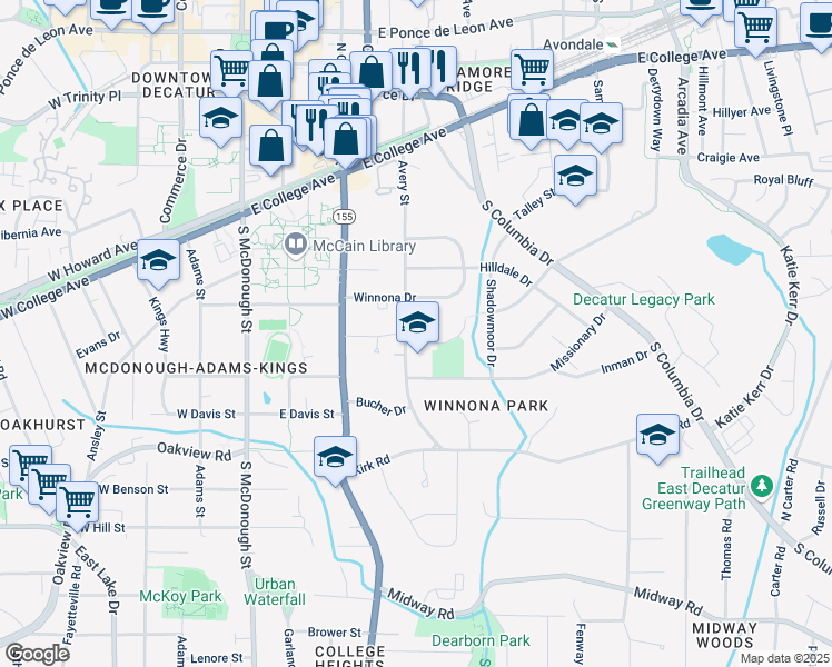 map of restaurants, bars, coffee shops, grocery stores, and more near 436 Avery Street in Decatur
