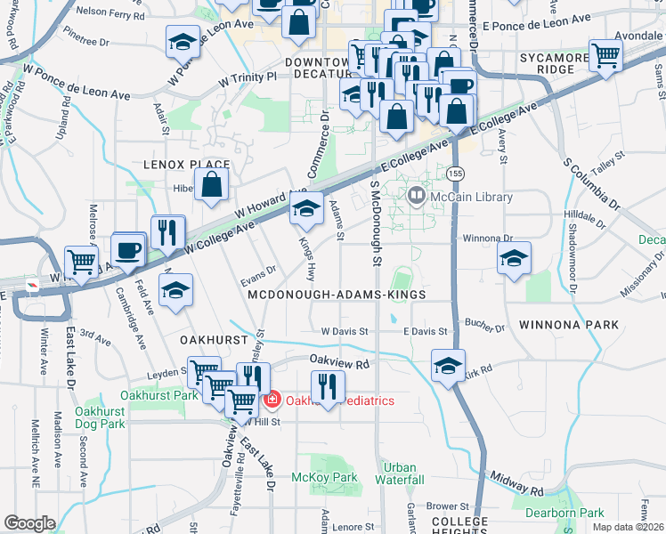 map of restaurants, bars, coffee shops, grocery stores, and more near 309 Adams Street in Decatur