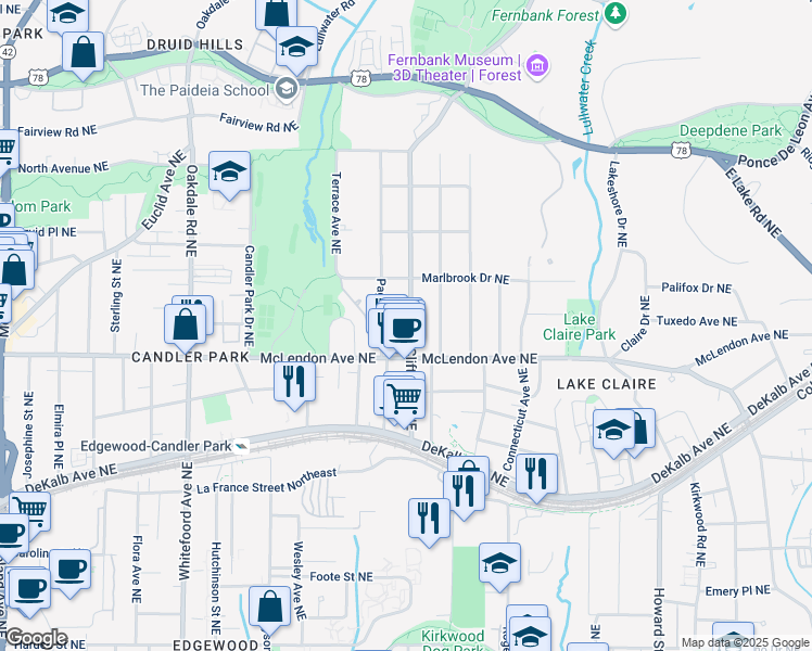map of restaurants, bars, coffee shops, grocery stores, and more near 452 Clifton Road Northeast in Atlanta