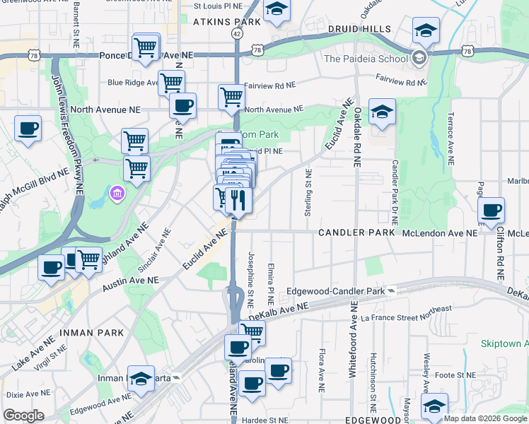 map of restaurants, bars, coffee shops, grocery stores, and more near 1225 Euclid Avenue Northeast in Atlanta