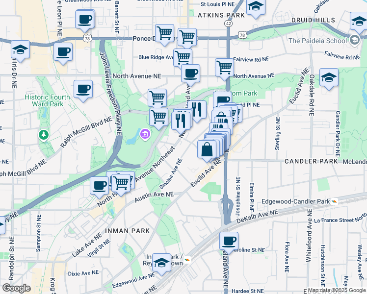 map of restaurants, bars, coffee shops, grocery stores, and more near 418 Sinclair Avenue Northeast in Atlanta