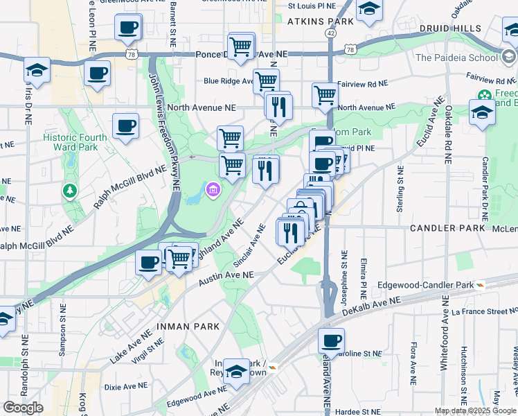 map of restaurants, bars, coffee shops, grocery stores, and more near 1018 Albion Avenue Northeast in Atlanta