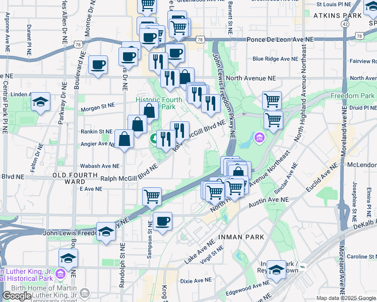 map of restaurants, bars, coffee shops, grocery stores, and more near 747 Ralph McGill Boulevard Northeast in Atlanta