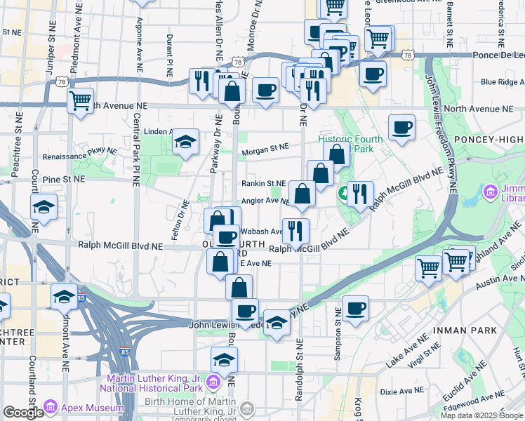 map of restaurants, bars, coffee shops, grocery stores, and more near 512 Angier Avenue Northeast in Atlanta