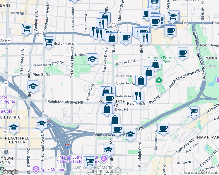 map of restaurants, bars, coffee shops, grocery stores, and more near in Atlanta