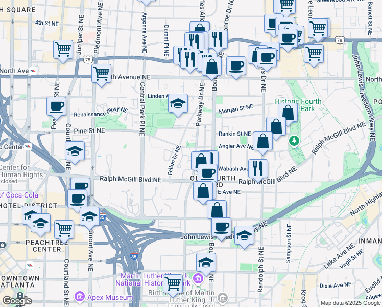 map of restaurants, bars, coffee shops, grocery stores, and more near 420 Parkway Drive Northeast in Atlanta