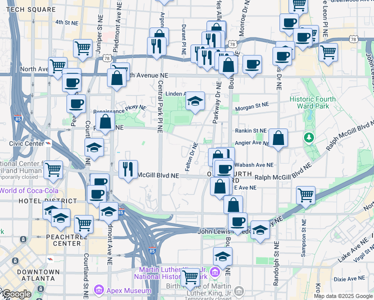 map of restaurants, bars, coffee shops, grocery stores, and more near 327 Brownstones Circle Northeast in Atlanta