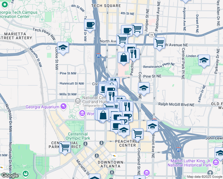 map of restaurants, bars, coffee shops, grocery stores, and more near 400 West Peachtree Street Northwest in Atlanta