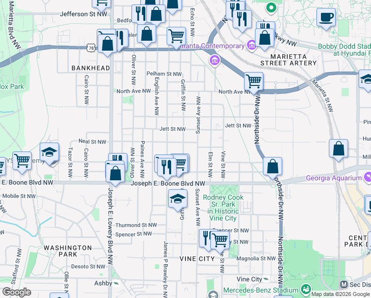 map of restaurants, bars, coffee shops, grocery stores, and more near 435 Griffin Street Northwest in Atlanta