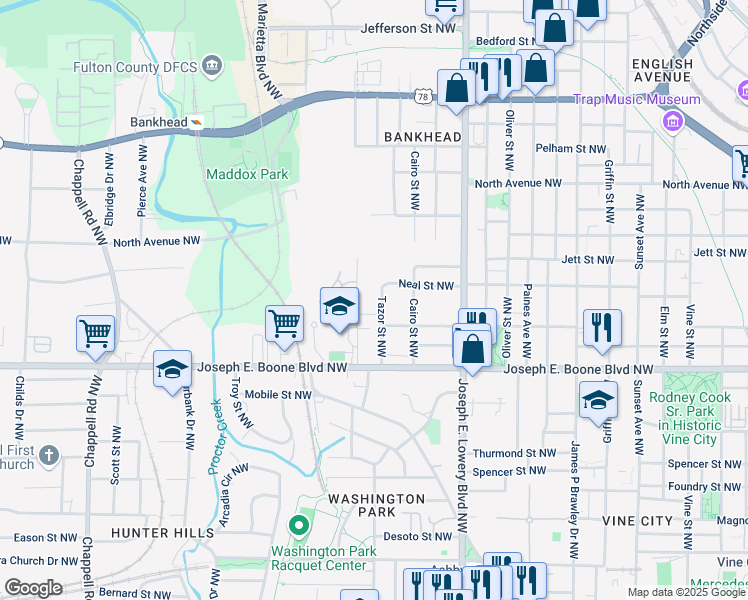 map of restaurants, bars, coffee shops, grocery stores, and more near 428 Tazor Street Northwest in Atlanta