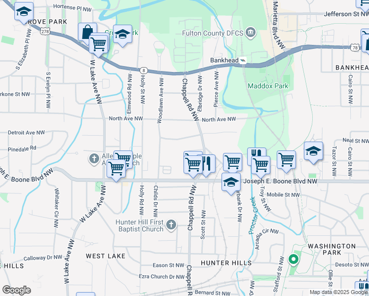 map of restaurants, bars, coffee shops, grocery stores, and more near Kennesaw Drive Northwest in Atlanta
