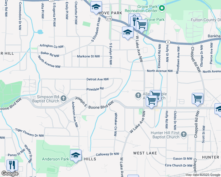 map of restaurants, bars, coffee shops, grocery stores, and more near 1800 Pinedale Road in Atlanta
