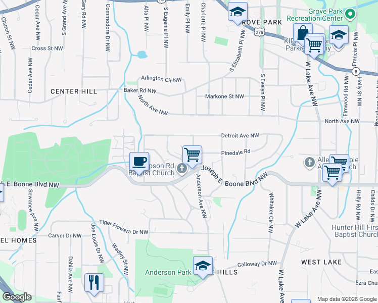 map of restaurants, bars, coffee shops, grocery stores, and more near 411 Illinois Avenue Northwest in Atlanta