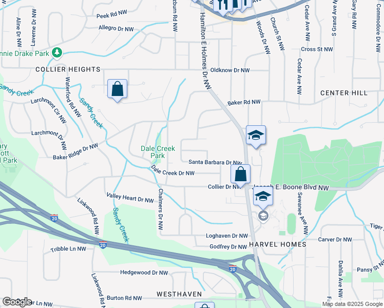 map of restaurants, bars, coffee shops, grocery stores, and more near 2648 Santa Monica Drive Northwest in Atlanta