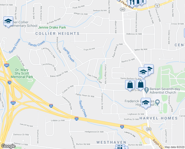 map of restaurants, bars, coffee shops, grocery stores, and more near 404 Forrest Ridge Drive Northwest in Atlanta