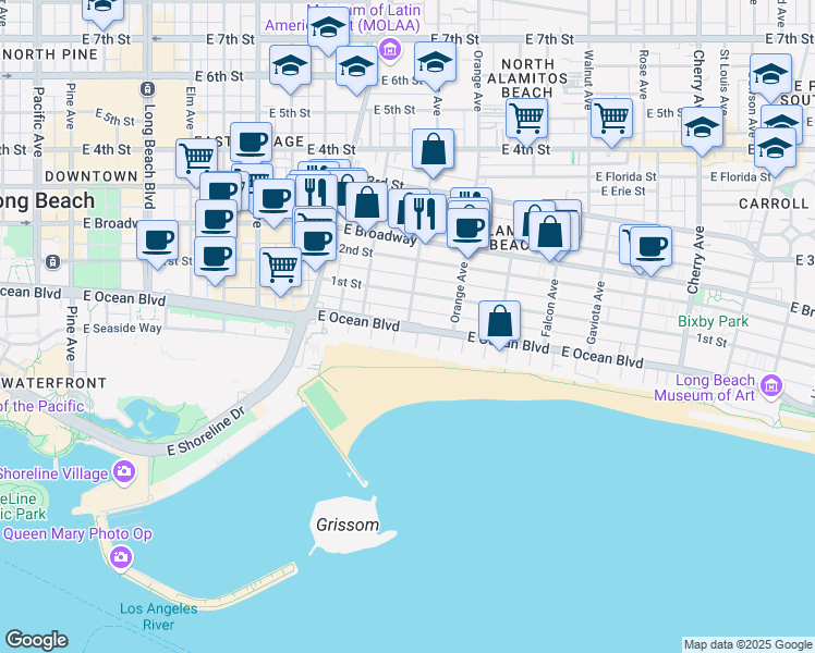 map of restaurants, bars, coffee shops, grocery stores, and more near E Ocean Blvd & Cerritos Ave in Long Beach