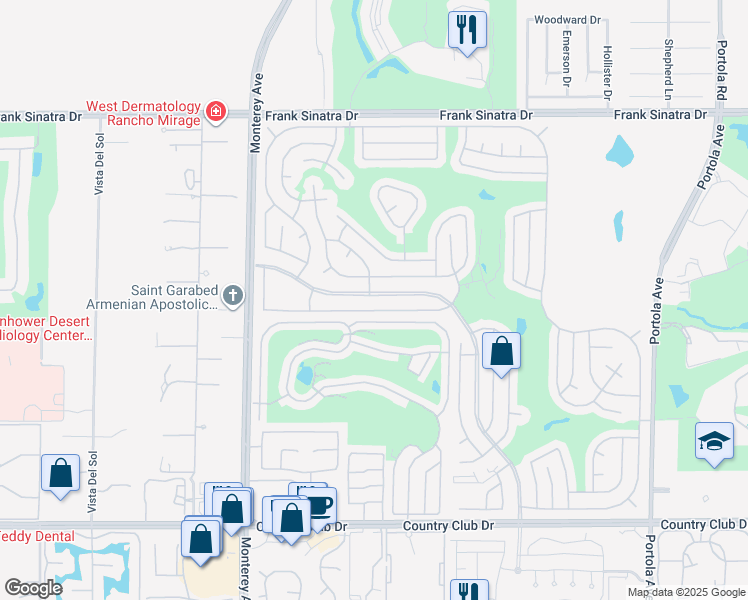 map of restaurants, bars, coffee shops, grocery stores, and more near 73301 Palm Greens Parkway in Palm Desert