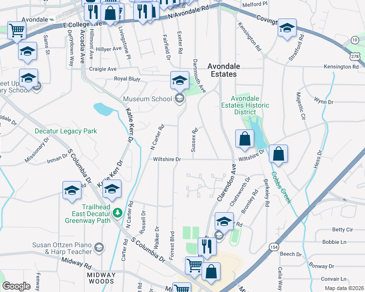map of restaurants, bars, coffee shops, grocery stores, and more near 1008 Forrest Blvd in Decatur