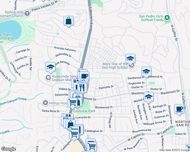 map of restaurants, bars, coffee shops, grocery stores, and more near 28006 South Western Avenue in Rancho Palos Verdes