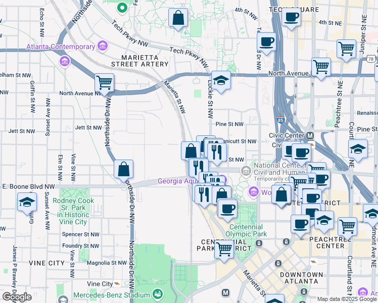 map of restaurants, bars, coffee shops, grocery stores, and more near 91 Marietta Street NorthWest in Atlanta