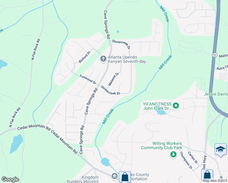 map of restaurants, bars, coffee shops, grocery stores, and more near 7152 Stonecreek Drive in Douglasville