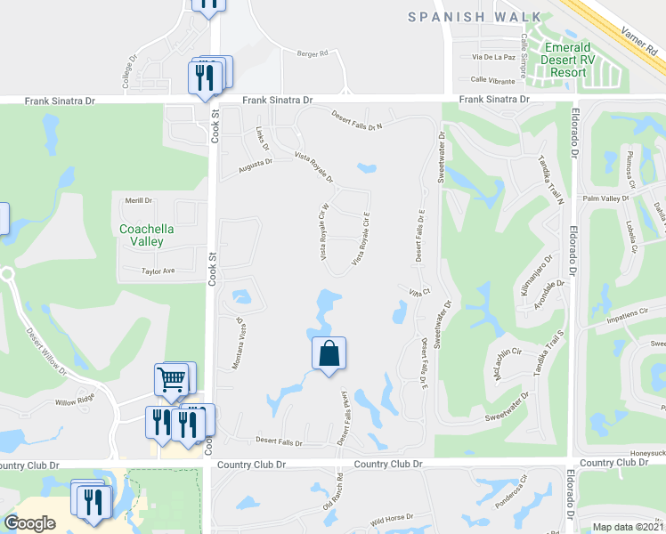 map of restaurants, bars, coffee shops, grocery stores, and more near 230 Vista Royale Circle East in Palm Desert