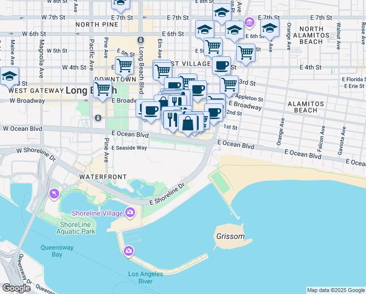 map of restaurants, bars, coffee shops, grocery stores, and more near 525 East Seaside Way in Long Beach