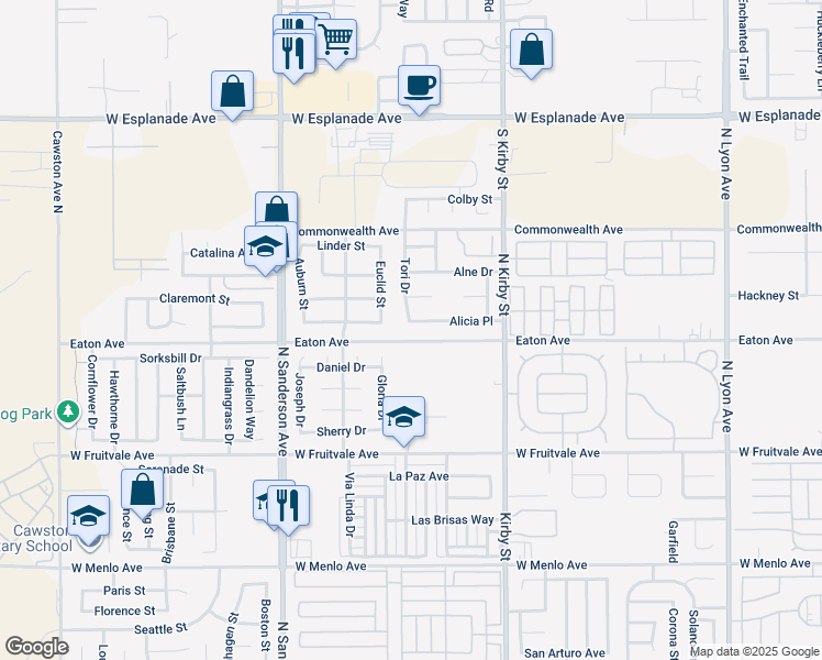 map of restaurants, bars, coffee shops, grocery stores, and more near 2841 Alicia Place in Hemet