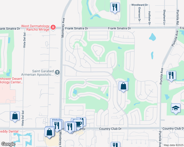 map of restaurants, bars, coffee shops, grocery stores, and more near 73301 Palm Greens Parkway in Palm Desert