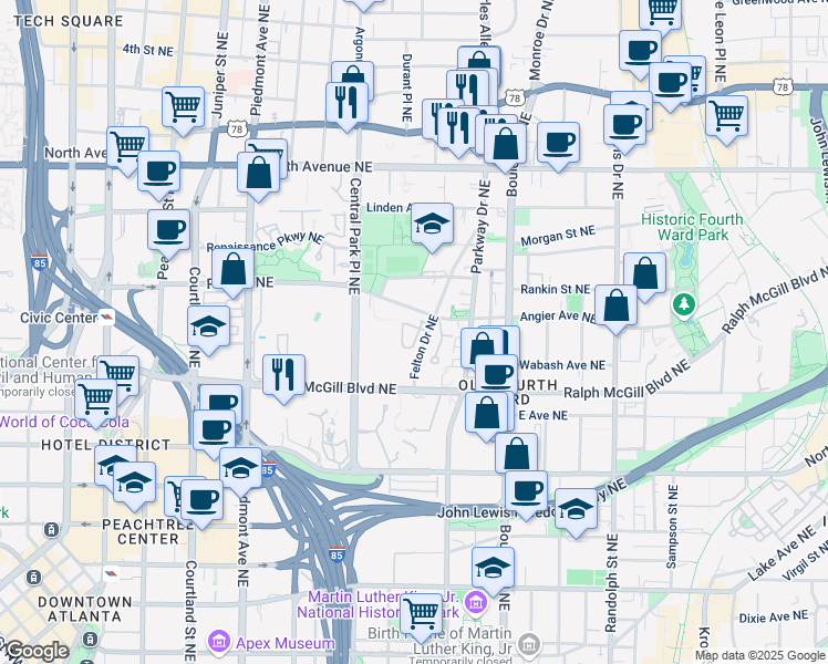 map of restaurants, bars, coffee shops, grocery stores, and more near 327 Brownstones Circle Northeast in Atlanta