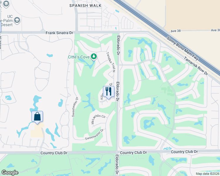 map of restaurants, bars, coffee shops, grocery stores, and more near 38854 Kilimanjaro Drive in Palm Desert