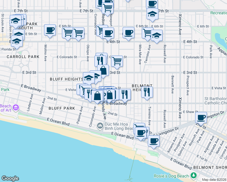 map of restaurants, bars, coffee shops, grocery stores, and more near 253 Loma Avenue in Long Beach