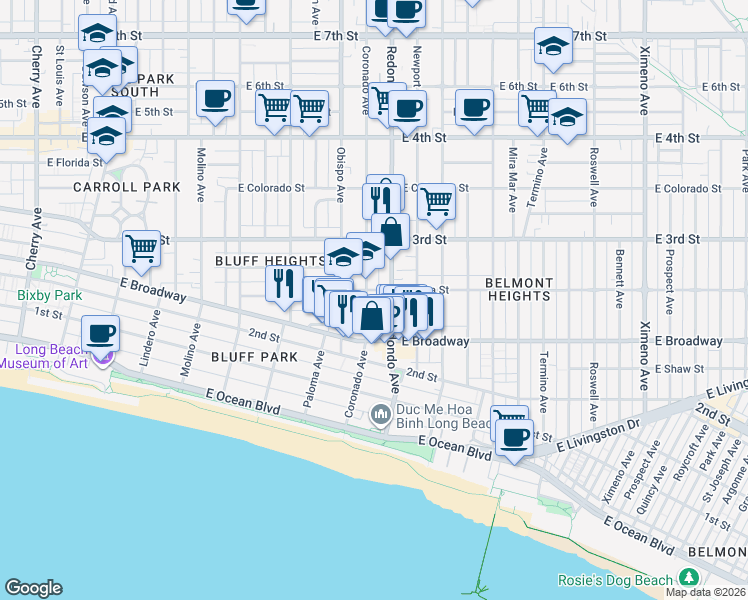 map of restaurants, bars, coffee shops, grocery stores, and more near 246 Coronado Avenue in Long Beach
