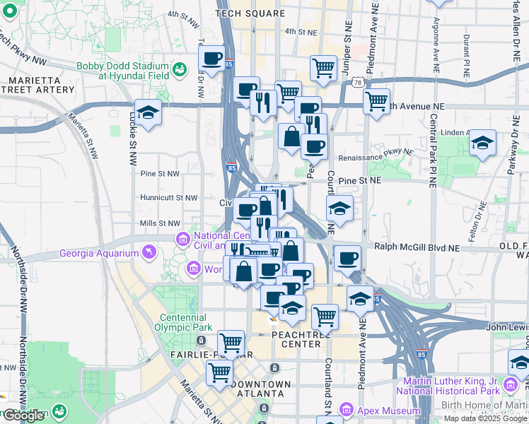 map of restaurants, bars, coffee shops, grocery stores, and more near 400 Peachtree Street Northeast in Atlanta