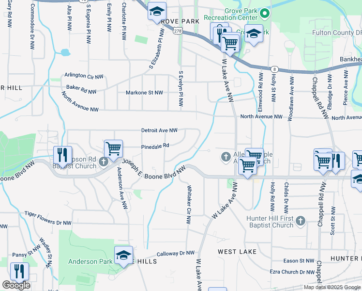 map of restaurants, bars, coffee shops, grocery stores, and more near 1800 Pinedale Road in Atlanta