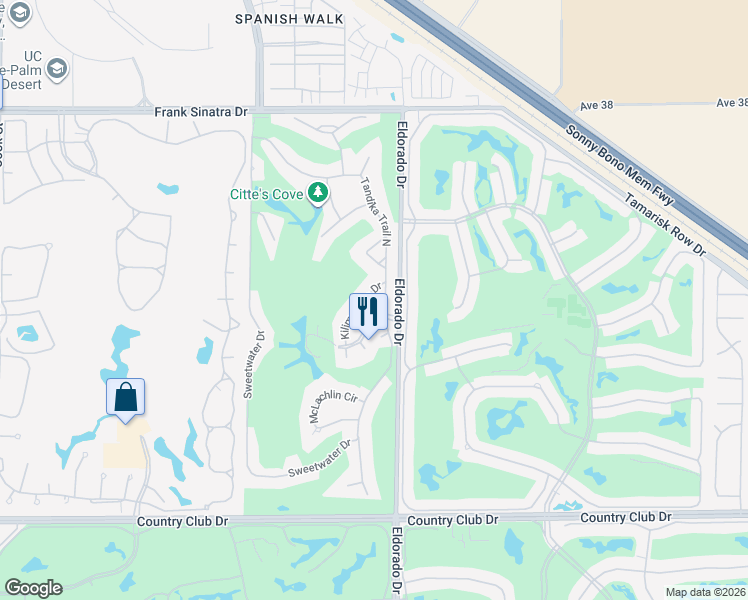 map of restaurants, bars, coffee shops, grocery stores, and more near 38854 Kilimanjaro Drive in Palm Desert