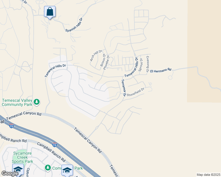 map of restaurants, bars, coffee shops, grocery stores, and more near 11667 Oakton Way in Temescal Valley